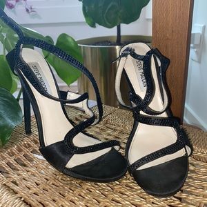 Steve Madden Strappy Black Satin Sparkle Heels - Size 7